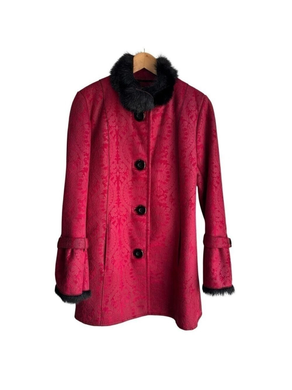 Vintage Inspired Red Jacquard Faux Suede Jacket Sz S Damask Long Winter Coat EUC